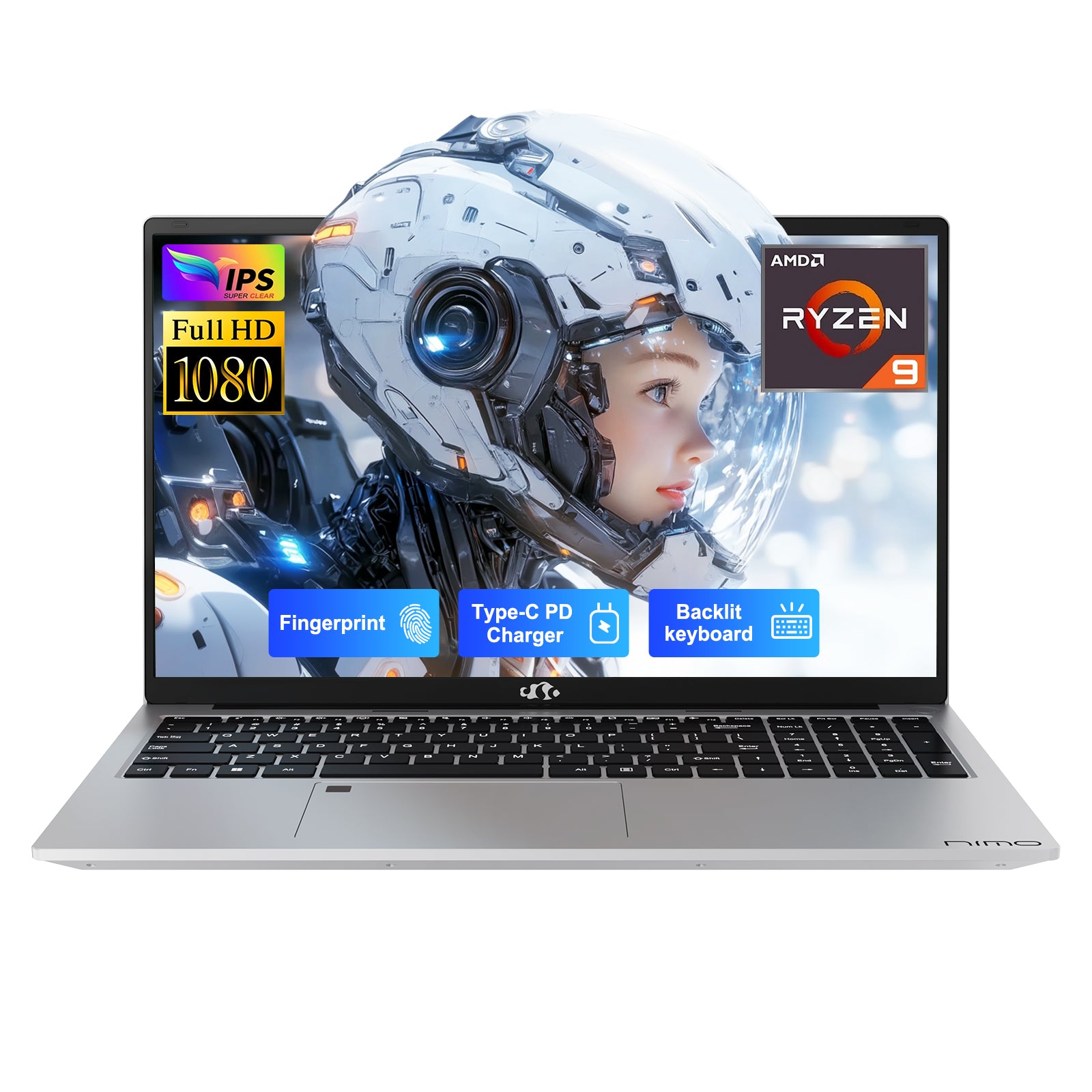 NIMO N172 17.3” silver laptop featuring AMD R9-6950H processor, FHD display, and upgradeable RAM & SSD – perfect for gaming, streaming, and professional use.